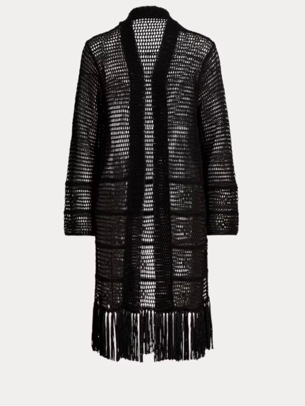 Lauren Ralph Lauren Pointelle-Knit Black Open-Knit Fringe Cardigan, Medium